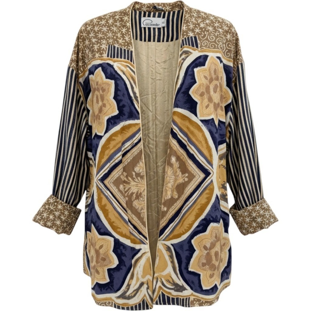 Pappagallo Vintage 90s Open Front Kimono Jacket Navy Gold Mixed Print S Eclectic